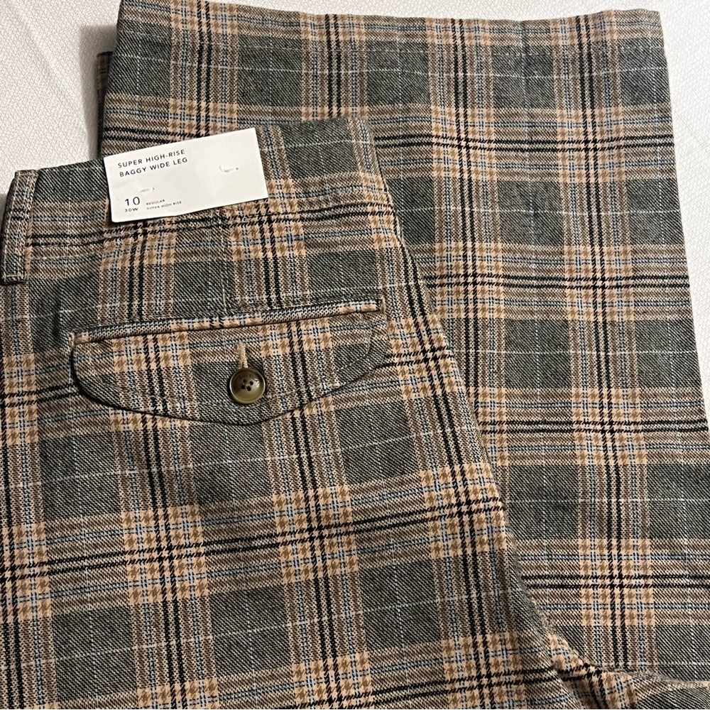 American Eagle Super High-Rise Wide-Leg Plaid Brown /Grey Trouser Pants NWT 10 - Picture 15 of 16